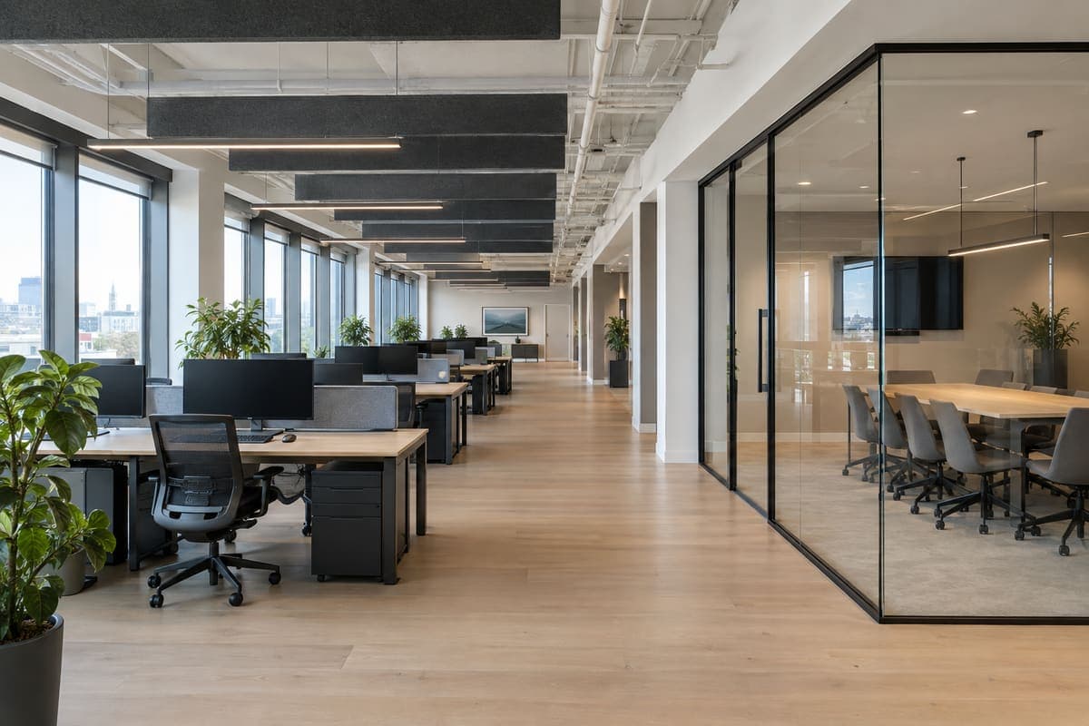 Le même plateau après travaux : cloisons vitrées, éclairage repris et acoustique traitée.