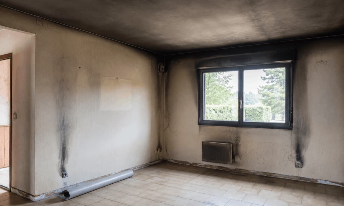 Pièce intérieure couverte de suie après un incendie, murs et plafond noircis