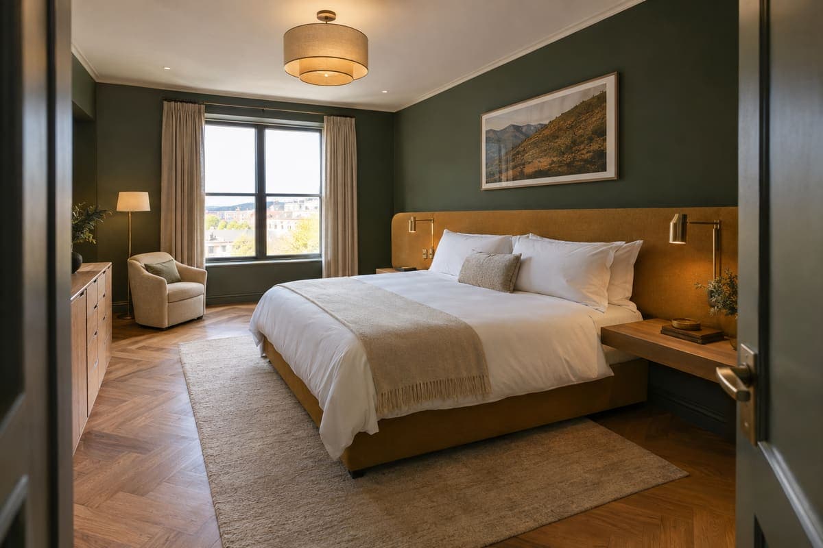La même chambre après rénovation : tête de lit tapissée, parquet et éclairage repris.