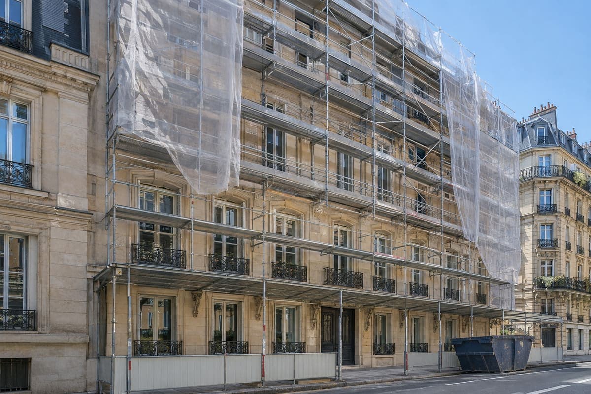 Façade haussmannienne sous échafaudage pendant une opération de réhabilitation