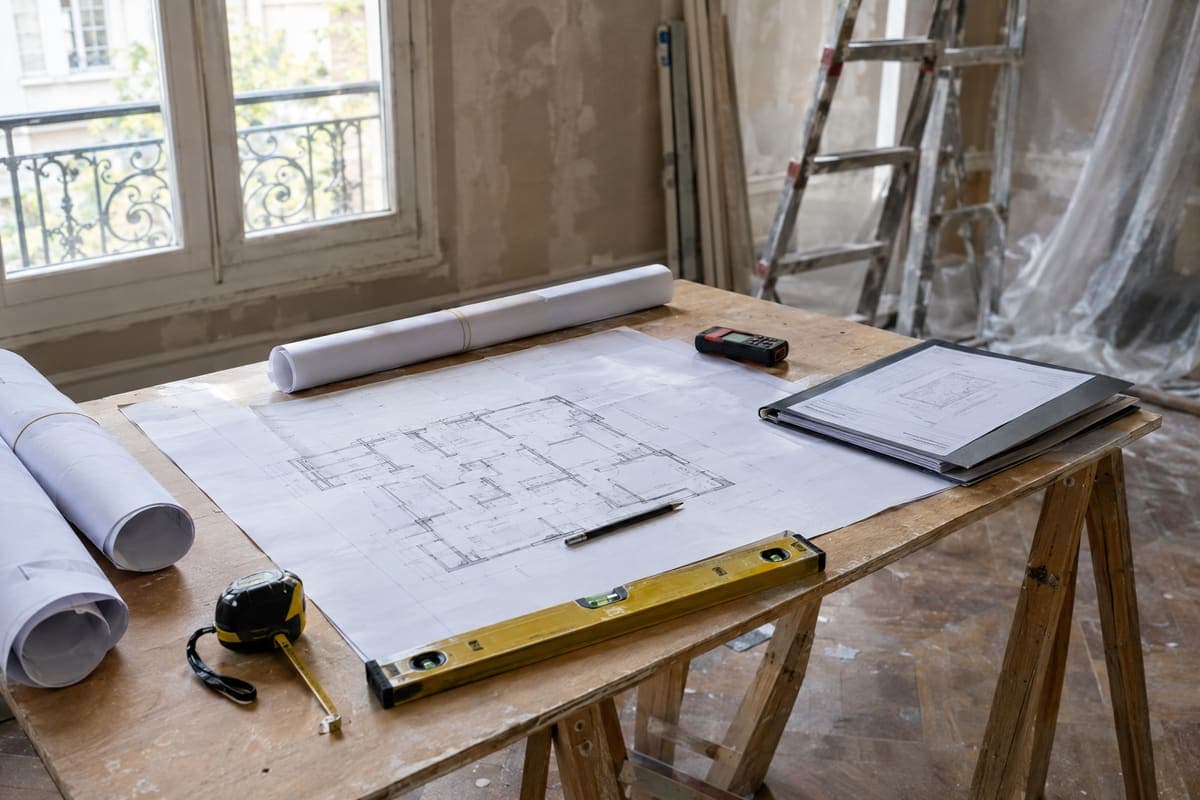 Plans, niveau et télémètre posés sur un établi dans un appartement en cours de rénovation par un contractant général