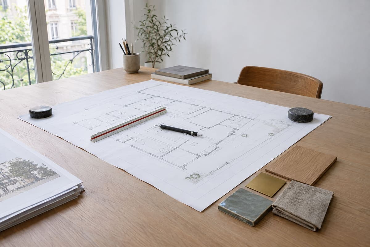 Plan, réglet et échantillons de matières sur la table de travail d’un architecte